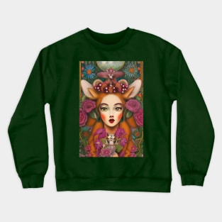 Fantasy Fox Goddess with crown of flowers holding a chipmunk. Crewneck Sweatshirt